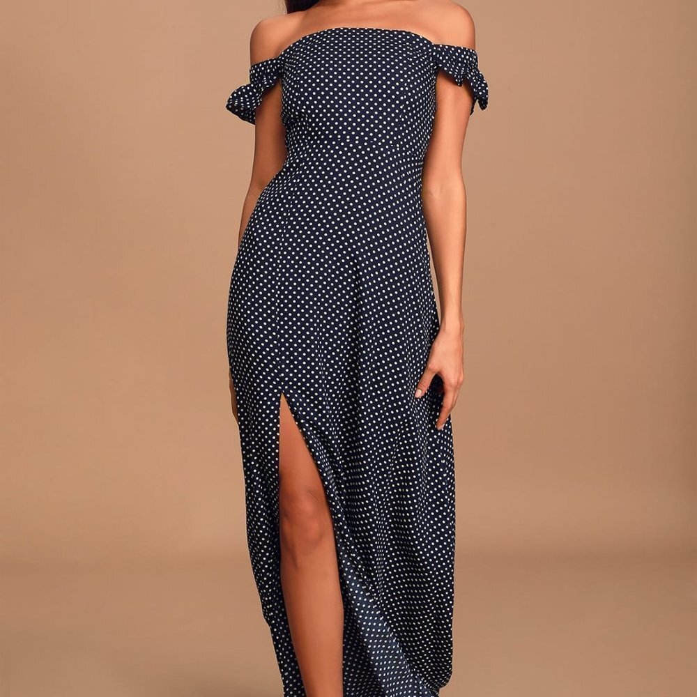 Lulu's Navy Polka Dot Off-Shoulder Maxi Dress - Picture 2 of 11